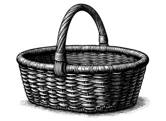 Obraz premium Wooden basket sketch engraving black and white outline. Scratch board imitation. illustrated in vintage line art style on a white background. 