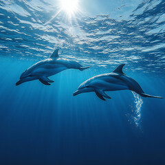 Fototapeta premium A pair of dolphins playfully swimming in the open ocean under the clear blue sky