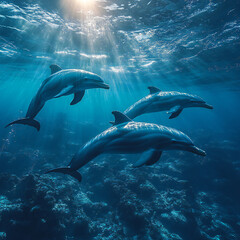 Obraz premium A peaceful underwater scene of a group of dolphins swimming near the ocean surface