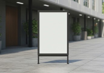 The blank vertical outdoor sign, with its metal frame and paved walkway setting, serves as a display mockup for public space advertising