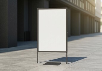 A metal-framed blank vertical outdoor sign stands on a paved walkway, serving as a display mockup for public space advertising