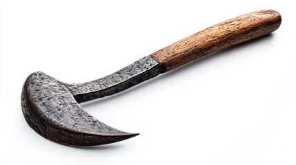 Rustic curved tool with a wooden handle. Its unique design showcases craftsmanship. Perfect for gardening or culinary tasks. Discover its versatility. Generative AI