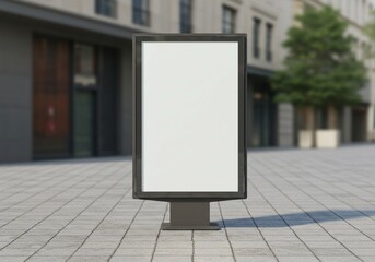 The image features a blank vertical outdoor sign with a metal frame, serving as a display mockup on a paved walkway for public space advertising