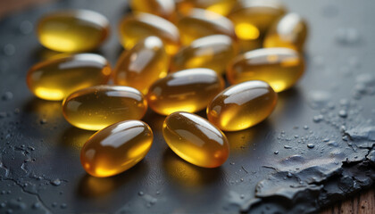 Golden cod liver oil capsules on textured slate surface, health benefits, vitamin A