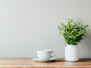 Fototapeta premium A cozy scene featuring a white cup on a saucer beside a vase of fresh flowers, set against a minimalist wall.