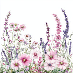 Naklejka premium Floral arrangement featuring pink, lavender, and white flowers, creating serene and vibrant atmosphere. Perfect for backgrounds or decorative purposes