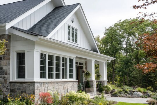 Charming Facade: A House Showcasing Stone Veneer and Classic White Board and Batten Siding with Inviting Front Porch