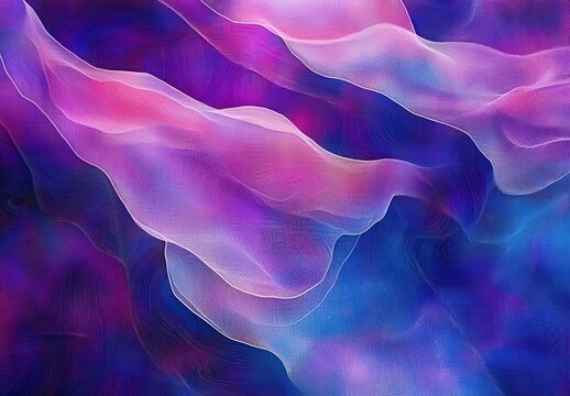 Abstract flowing waves in vibrant pink, purple, and blue hues creating a dreamy and soft visual experience for art and design enthusiasts