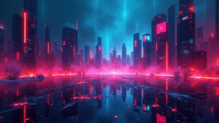 Fototapeta premium Fragmented digital visuals, A glowing digital cyberscape shatters into geometric shards with pulsating neon fractals and bright electric hues spilli