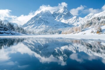 Snowy mountain reflecting on a frozen lake during winter