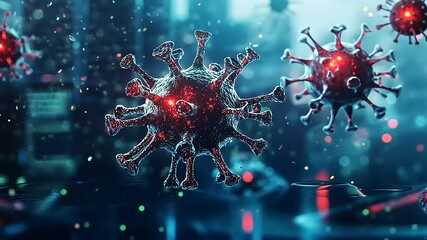 Close-up view of digital virus models floating in a futuristic cityscape with glowing lights - Powered by Adobe
