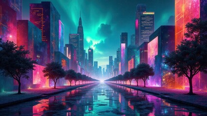 Obraz premium Fragmented digital visuals, A surreal digital collage with fragmented cityscapes neon hues pixel patterns cosmic backgrounds electric colors