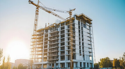 A massive construction site at sunrise, featuring towering cranes