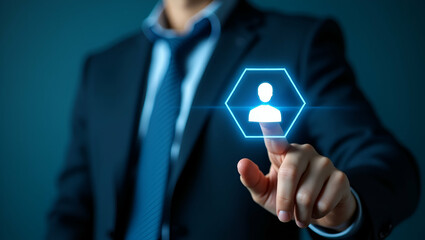 Businessman selecting checkbox hologram next to user profile holographic screen concept as Selecting options using digital checklists in a futuristic interface in  Photo Stock  Concept  and empty spac
