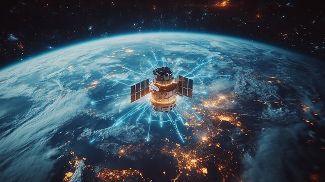 Satellite Network Orbiting Earth at Night