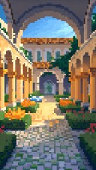 Monastery courtyard with arched walkway and garden pixel art background. 8-bit game assets