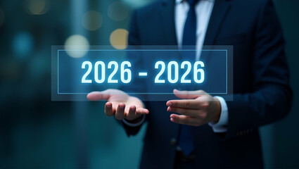 Planning Future Business Strategies: A Flat Vector Illustration of a Professional Interacting with a Holographic Timeline Tool for 2026 - Embrace the Future of Business with Innovative Visuals