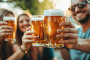 group of people are holding up glasses of beer and smiling. Concept of camaraderie and enjoyment as the group shares a moment together