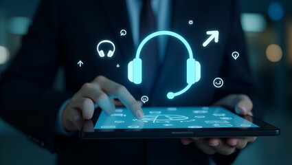 Luminous Tablet Displaying Customer Service Icons: Headset Chat and Support Tools in a Digital Support Center - Perfect for Stock Photos with Space for Text