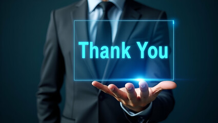 Revolutionizing Gratitude: A Businessman Uses Advanced Holographic Visualization Tools to Present a Thank You Message - Futuristic Holographic Communication Systems in Photo Stock with Empty Space