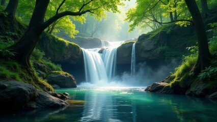 Obraz premium Serene Waterfall Cascading into a Tranquil Emerald Pool Surrounded by Lush Greenery and Majestic Trees
