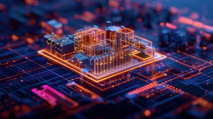 Obraz premium Digital Cityscape on Circuit Board with Neon Lights and Glow Effects