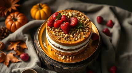 Delicious Strawberry Cake with Pumpkin Decoration for Autumn Festivities