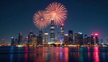 Golden bursts illuminate towering skyscrapers, nighttime scene , buildings, anniversary, dark