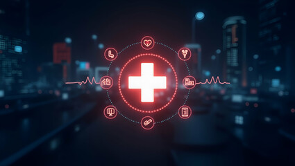 Digital Health Interface: Glowing Cross & Health Icons Concept