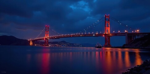 Fototapeta premium Illuminated bridge spanning bay at night, dramatic sky, bridge, structure
