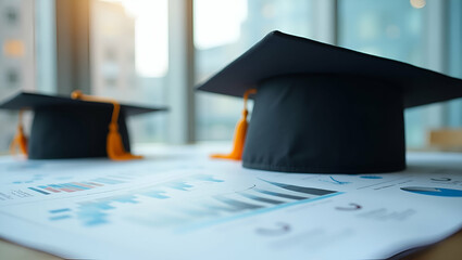 Flat Graduation caps and training charts representing corporate training and employee development initiatives concept as Graduation cap icons and training charts represent corporate training and emplo