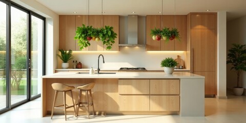 Modern kitchen design with natural light, light wood cabinetry, and hanging planter boxes
