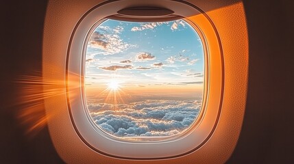 Fototapeta premium Stunning view of the bright sun illuminating the clouds seen through an airplane window during flight