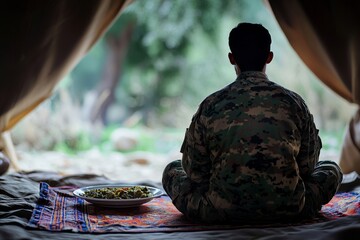 A soldier in a distant land makes dua before breaking his fast, sitting quietly in reflection. The meal before him is simple, but his heart is full of gratitud