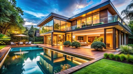 Fototapeta premium Modern Glass House Design, Luxurious Wooden Accent Home, Architectural Landscape Photography