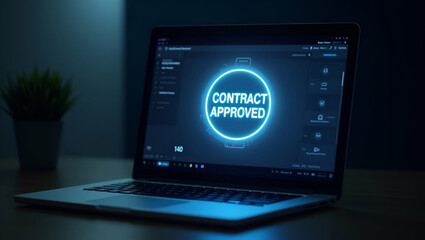 Glowing Contract Approved Holographic Notification Above Laptop: Visualizing Contract Validation Concept with Stock Photo Featuring Empty Space for Customization