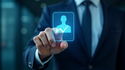 Futuristic Businessman Selecting Checkbox Hologram Next to User Profile: Digital Checklists Concept in Photo Stock with Empty Space for Customization