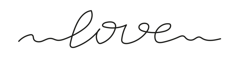 Handwritten word love in continuous line art. Minimalist black calligraphy on white background. Romantic lettering for design and decoration