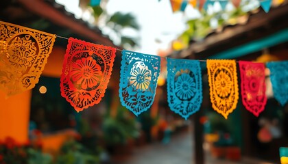 Colorful paper banners hanging outdoors.