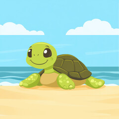 Cute cartoon tortoise on beach, smiling under sunny sky with waves in background. This cheerful character embodies playful and joyful spirit