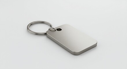 Modern keychain mockup with a metallic finish, casting a shadow on white
