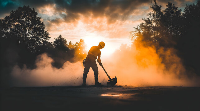 A worker using a jackhammer to break concrete on a road construction site
