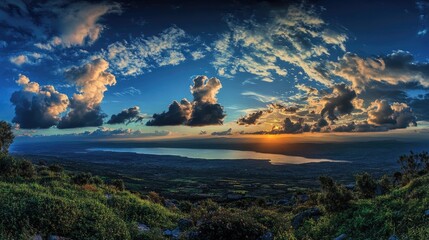 Breathtaking Elevation View of Galilee: Scenic Panorama from Mount of Beatitudes with Sky and Lake Reflections