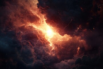 Fototapeta premium Fiery cosmic clouds clash, intense lightning illuminates a breathtaking celestial scene.