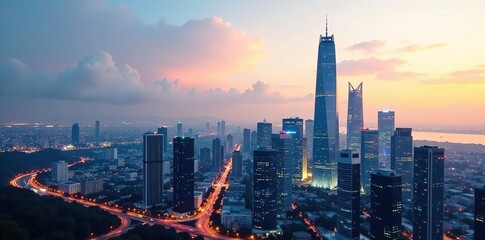 Modern skyscrapers, glass facades, city skyline, kfad, panorama