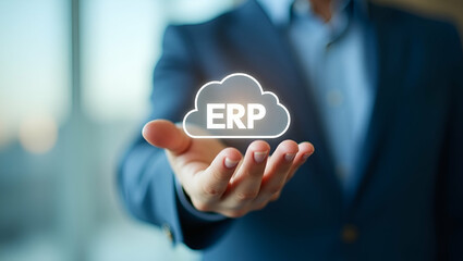 Hand Holding Holographic ERP Integration Collaboration Icon: Visualizing Cloud-Based ERP Integration in a Minimalist Setup with Space for Customization