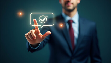 Flat Businessman Engaging with Glowing Approval & Rejection Icons: A Futuristic Approach to Task Confirmation and Decision Making in a Simple, Cute Vector Illustration