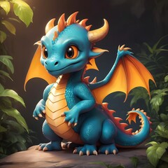Fototapeta premium Adorable Baby Dragon Character Sitting in Lush Green Jungle Setting