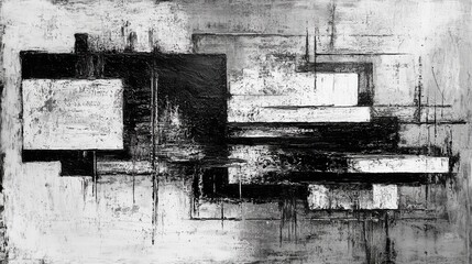 Fototapeta premium A striking monochrome abstract composition with layered patterns, rough textures, and bold brushwork for a dramatic visual effect