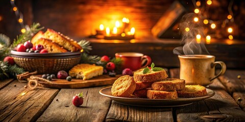 Fototapeta premium Night Photography: Rustic Breakfast - Fruit & Biscuit Rusks Toast